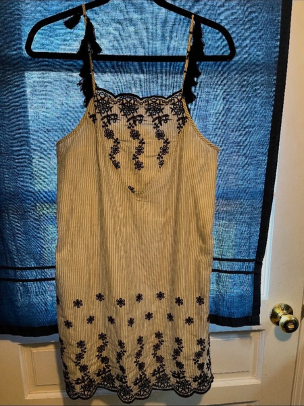 Very J Cream Striped Mini Dress with Black Embroidery